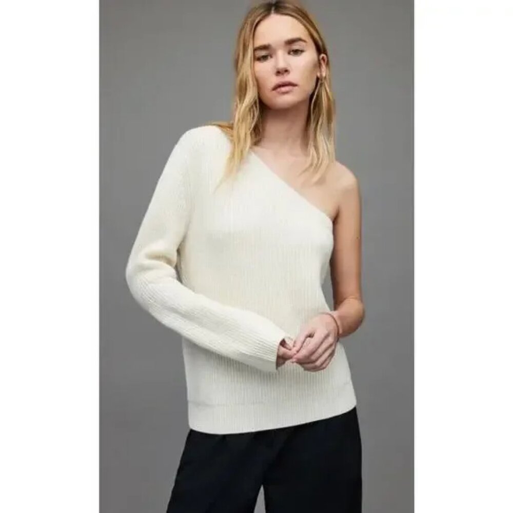 Allsaints Cream One Shoulder Ribbed Sweater Large Quiet Luxury Minimalist
